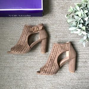 Women's TOP Moda Vegan Faux Suede Laser Cut Perforated Caged Heels In Tan Taupe